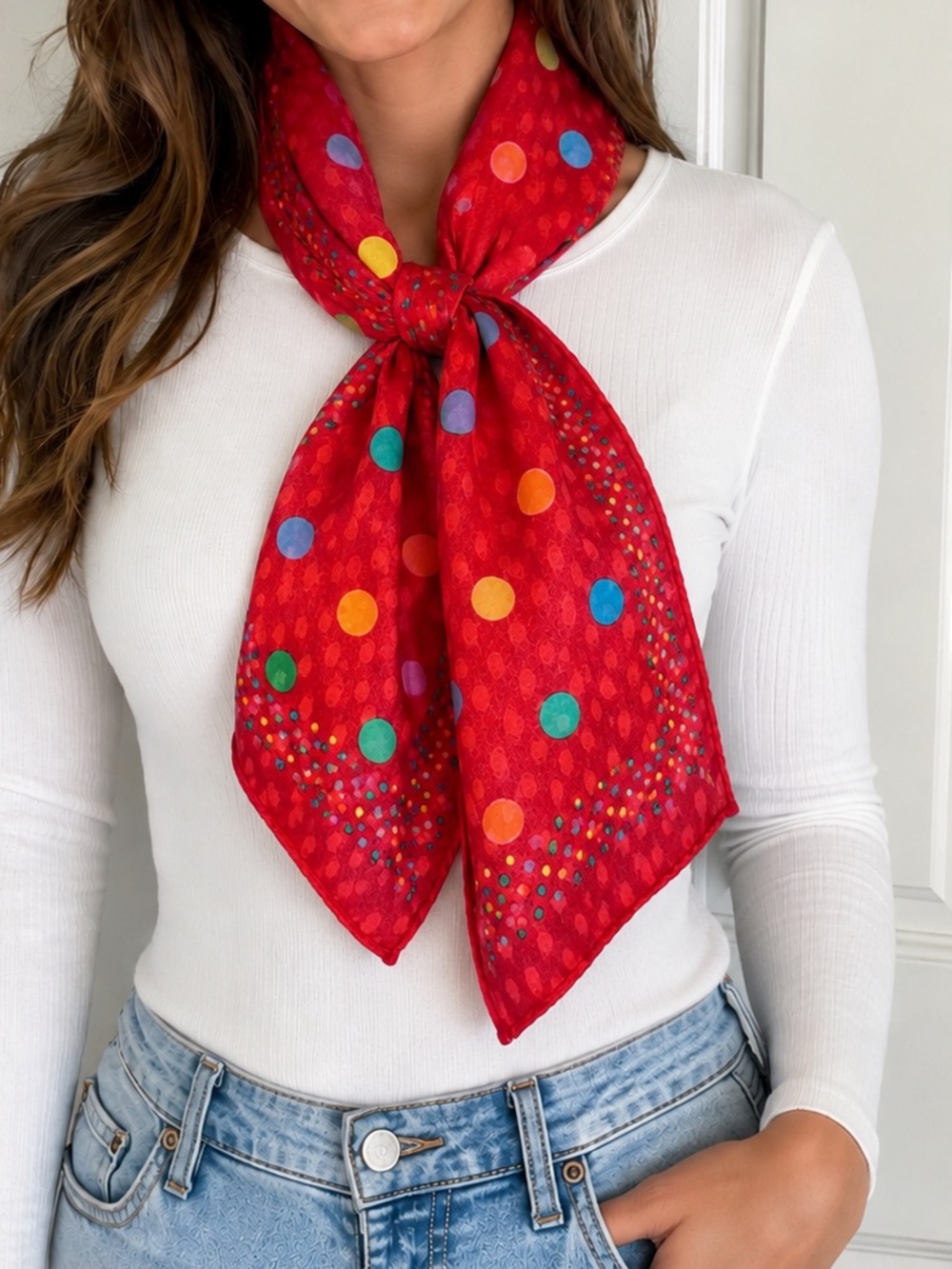Red Polka Dot Scarf - Colorful Dot Print Satin-Silk like. TRENDING SCARF FALL